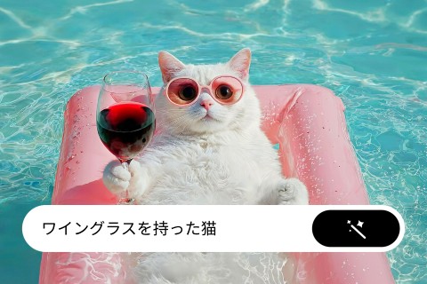 猫がプールに横たわり、赤ワイングラスを掲げている画像を生成するテキストを入力してください
