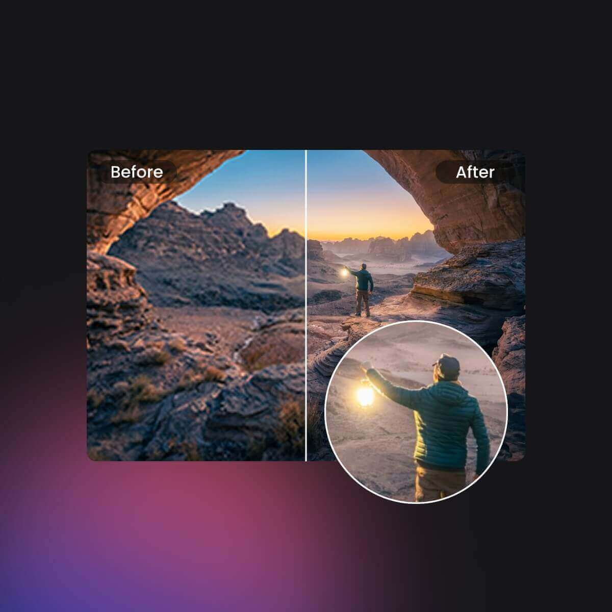 Image comparative d'une vidéo nettoyée et d'une vidéo floue montrant un homme debout dans le Gobi avec une lampe.