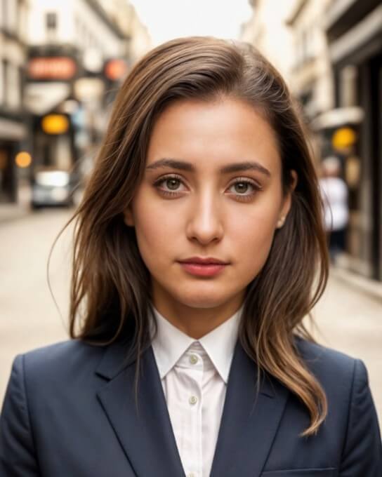 headshot of a female with long brown hair in the dark business suit generated by Fotor AI LinkedIn photo generator