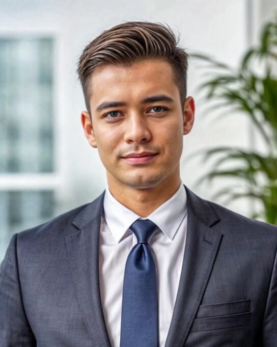 indoor headshot of a man wearing professional business suit and tie generated by Fotor AI LinkedIn headshot generator