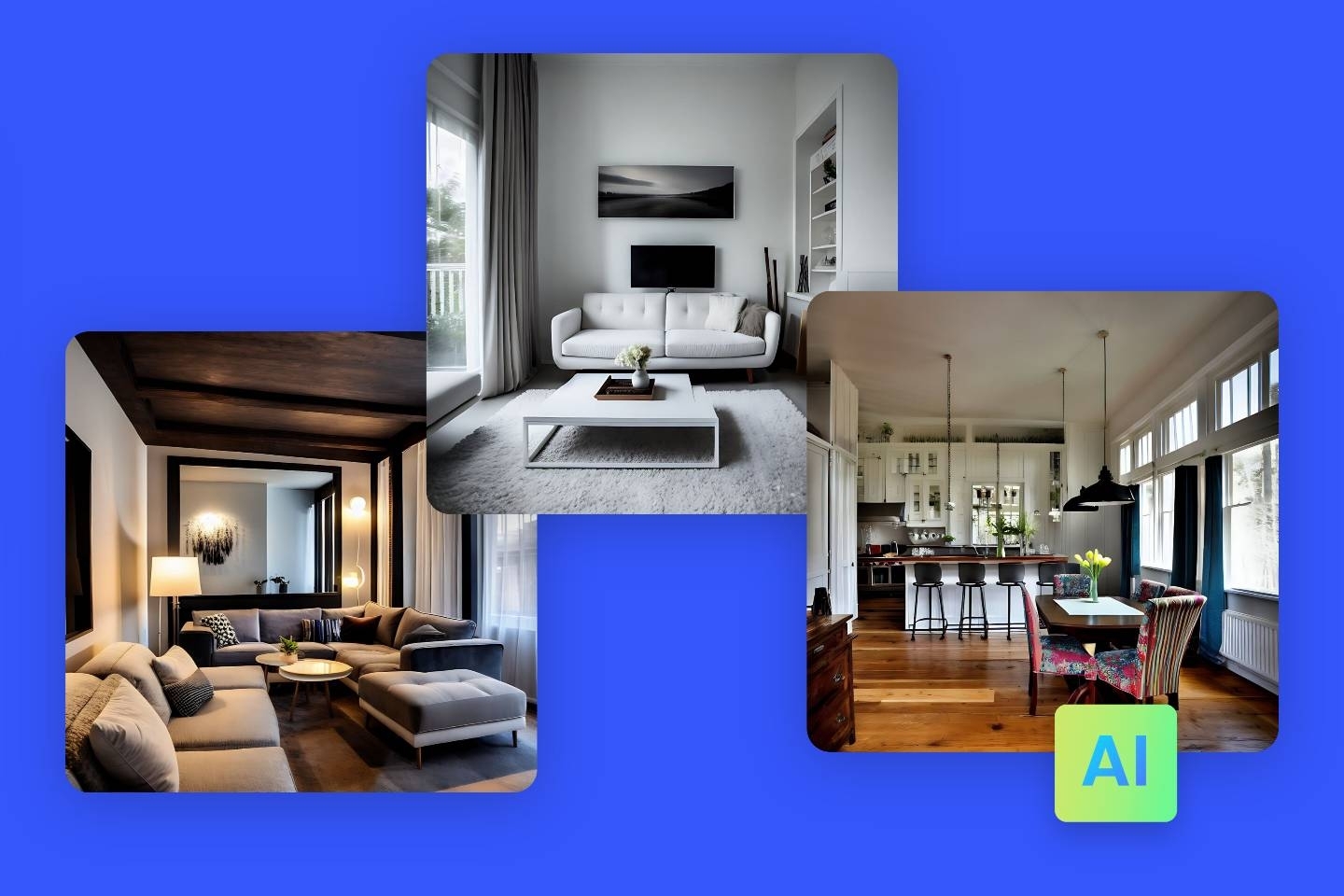 Trois modèles de décoration d'intérieur générés par ordinateur dans un style moderne à partir de l'outil AI de décoration d'intérieur de Fotor