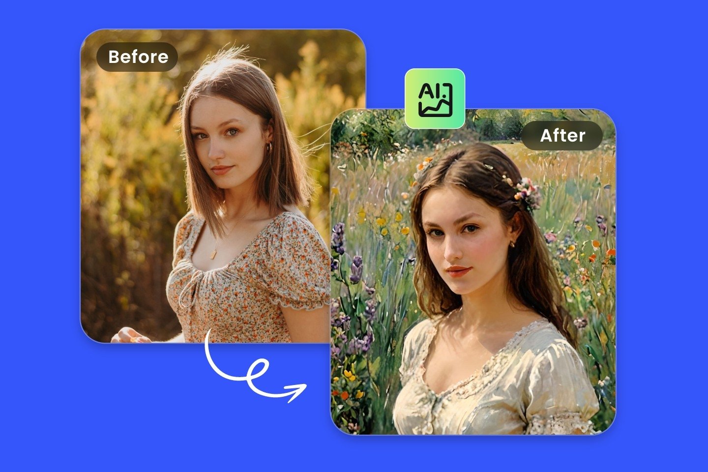 Turn a female portrait into watercolor paiting with Fotor AI watercolor filter