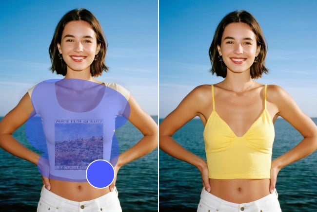 Use Fotor AI replace tools to change white T shirt to yellow suspenders