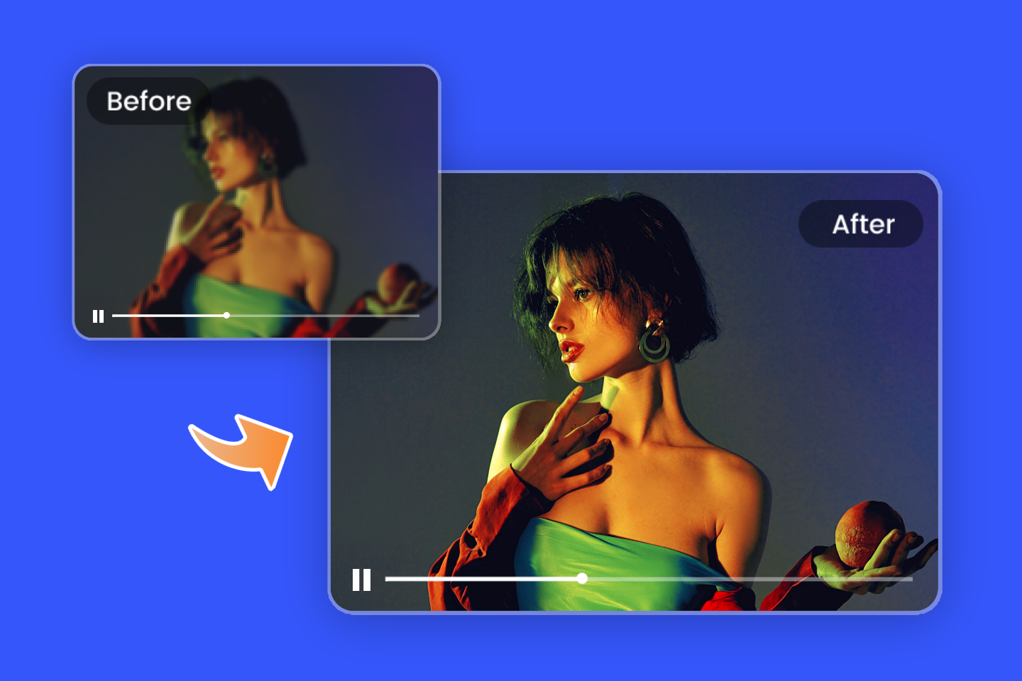 Upscale video showing a young girl presenting a fruit to high quality with ai video upscaler